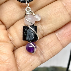 Sterling Silver Wire Wrapped Crystal Pendant: Tourmaline, Amethyst, Rose Quartz
