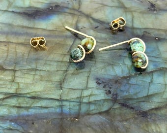 Tiny African Turquoise Stud, Africa Turquoise Earrings, 14k Gold Filled