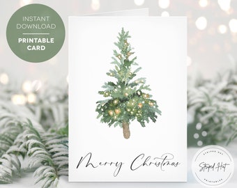 Printable Watercolor Tree Christmas Card, Merry Christmas Card, Christmas Tree, Digital Christmas Card, Instant Download Card, 5x7 PDF JPG