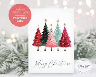 Printable Watercolor Tree Christmas Card, Merry Christmas Card, Colorful Christmas Tree, Digital Christmas Card, Instant Download, PDF JPG