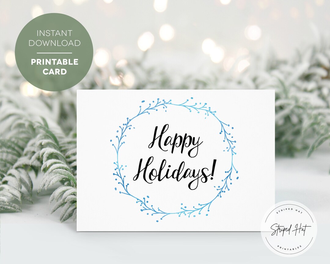 Printable Happy Holidays Watercolor Card, Wreath, Print at Home ...