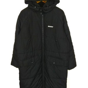 May include: Black Dickies puffer coat with a hood and a full-length zip. The coat features two front pockets and the Dickies logo on the chest. It has a quilted design and a hood with the Dickies logo patch.