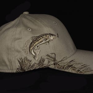 Sand fishing hat with embroidered trout scene design with embroidered back name personalization, Birthday or Fathers day gift image 1