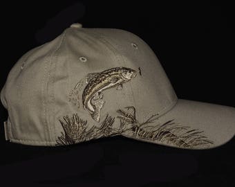 Sand fishing hat with embroidered trout scene design with embroidered back name personalization, Birthday or Fathers day gift