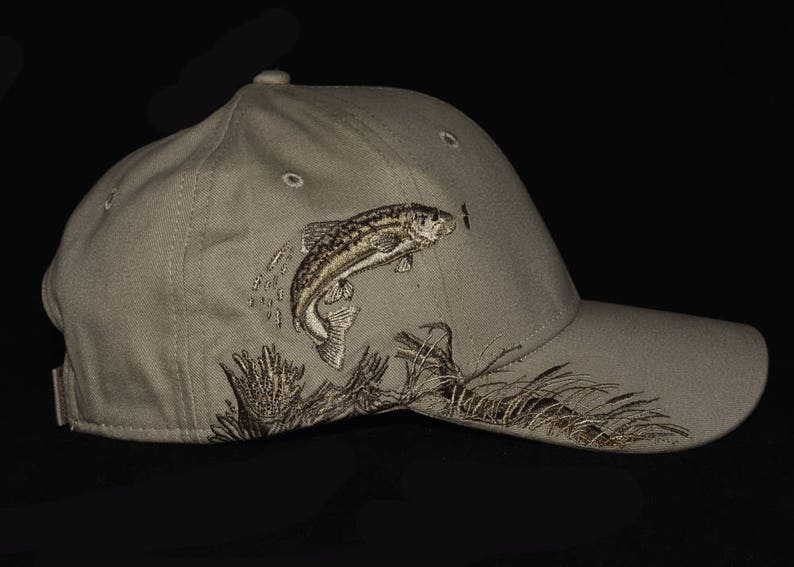 Sand fishing hat with embroidered trout scene design with embroidered back name personalization, Birthday or Fathers day gift image 1