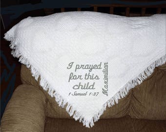 Personalized baby blanket with I prayed for this child saying on an afghan 100% cotton USA made white blanket with hearts throw