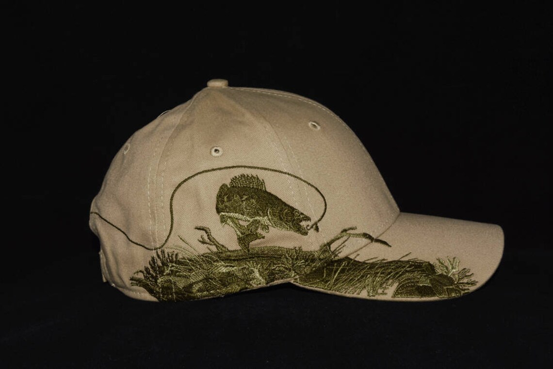 Dark Khaki Fishing Hat Embroidered Walleye Fishing Scene With Etsy
