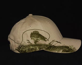 Dark khaki fishing hat embroidered walleye fishing scene with embroidered back name personalization, Birthday or Fathers day gift