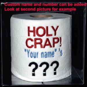 Embroidered  Holy Crap! Custom Name and Number birthday toilet paper in clear gift box. Perfect gag gift or party decoration!