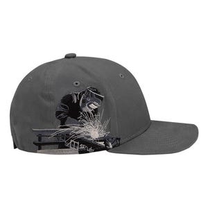 May include: A gray baseball cap with an embroidered image of a welder working on a metal structure. The welder is wearing a helmet and holding a welding torch.