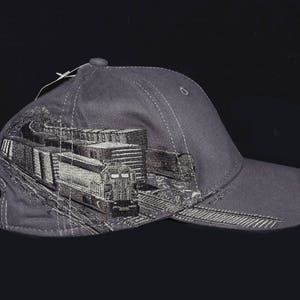 Charcoal hat with embroidered Train scene design with embroidered back name personalization, Birthday or Fathers day gift