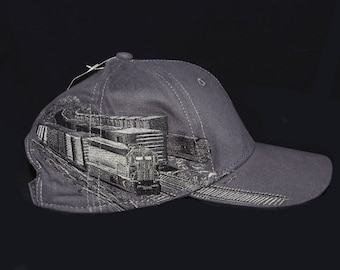 Charcoal hat with embroidered Train scene design with embroidered back name personalization, Birthday or Fathers day gift