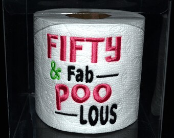 Papel higiénico Fab Poo Lous bordado para 50 cumpleaños, regalo de broma en caja transparente. ¡El regalo perfecto o la decoración ideal para fiestas!