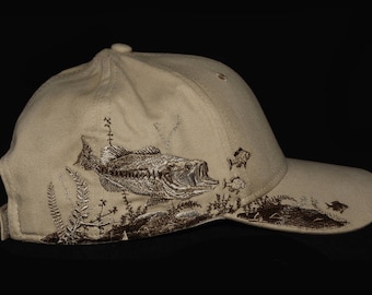 Tan fishing hat with embroidered Bass scene design with embroidered back name personalization, Birthday or Fathers day gift
