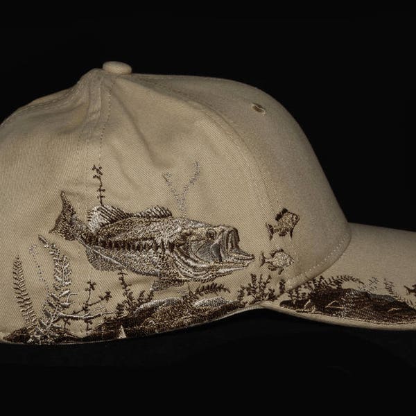 Tan fishing hat with embroidered Bass scene design with embroidered back name personalization, Birthday or Fathers day gift