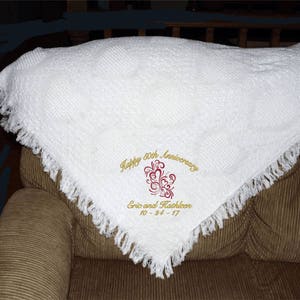 Personalized Anniversary blanket celebrating any year anniversary. Afghan throw is 100 % cotton and made in the USA.