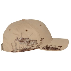 Bass - Tan fishing hat with embroidered Bass scene.  Great Birthday or Father's Day gift!  Personalize it!