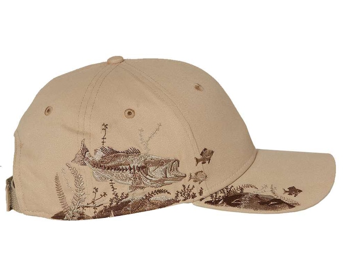 Bass - Tan fishing hat with embroidered Bass scene.  Great Birthday or Father's Day gift!  Personalize it!