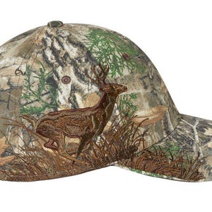 Deer - Real tree camo hat with embroidered deer scene.  Great Birthday or Father's Day gift!  Personalize it!