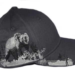 Grizzly Bear - Dark Grey cap with embroidered Grizzly Bear design.  Great Birthday or Father&#39;s Day gift!  Personalize it!