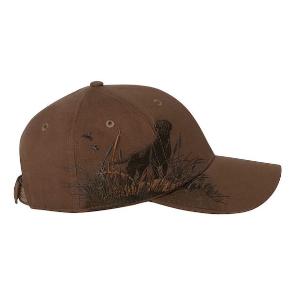 Brown hat with embroidered brown labrador scene design with embroidered back name personalization, Birthday or Fathers day gift
