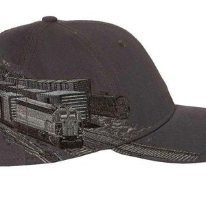 Train - Charcoal hat with embroidered Train scene design.  Great Birthday or Father&#39;s Day gift!  Personalize it!