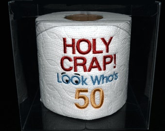Embroidered 50th birthday toilet paper Holy Crap gag gift, table decoration centerpiece Holy Crap 50th birthday in clear gift box