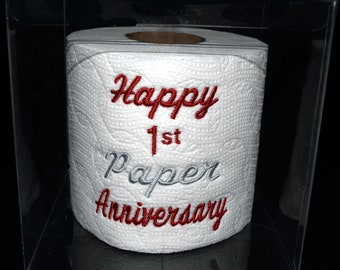 Embroidered 1st Anniversary (paper) toilet paper in clear gift box