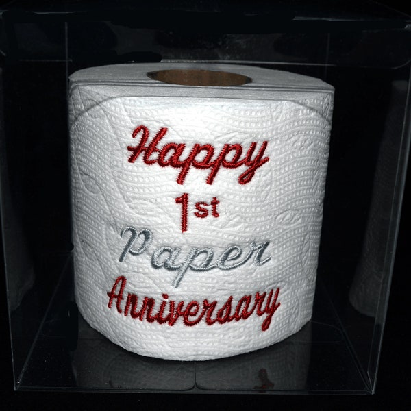 Embroidered 1st Anniversary (paper) toilet paper in clear gift box