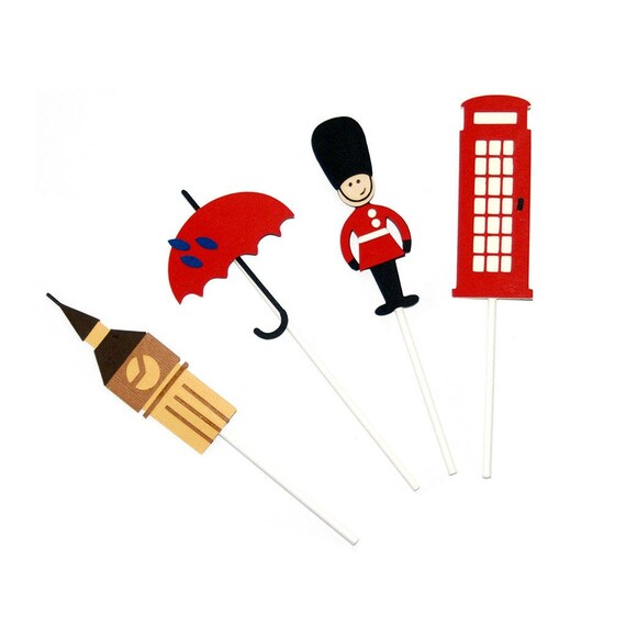 British Party Theme Cupcake Toppers Red Blue Black And White Etsy