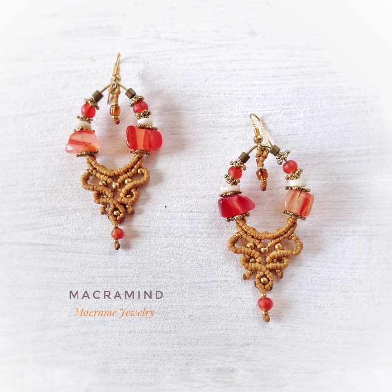 Gipsy Red Agate Macrame Earrings-MacraMind Macrame-Princess Earrings-Wedding Jewelry-Special Jewelry