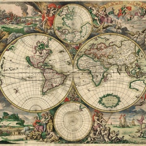Historische Weltkarte von 1689 - Doppelte Hemisphäre Vintage - Antik - Poster - Karte - Wandbild - Kunstdruck