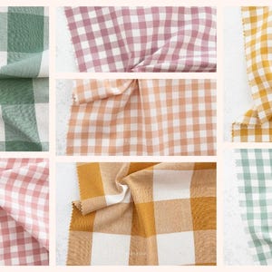 Könnte beinhalten: Eine Collage von Stoffmustern in verschiedenen Farben, alle mit einem klassischen Vichy-Karo-Muster. Die Muster umfassen Grün, Rosa, Orange, Gelb und Blau, jeweils mit weißen Quadraten. Der Stoff ist leicht zerknittert, was seine Textur zeigt.