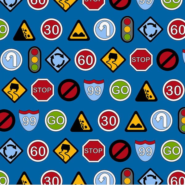 Signs Blue - Traffic Jam by Kids Quilts for RJR Fabrics - Traffic Jam Fabrics - Kids Quilts Fabrics - Kids Fabrics - Quilting Fabrics