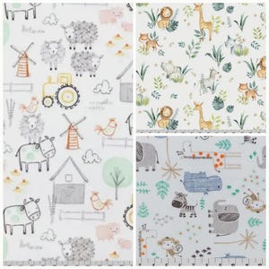 May include: A collection of three fabric swatches featuring repeating patterns. One swatch displays farm animals, tractors, and windmills. Another shows jungle animals like lions and giraffes with foliage. The third features stylized safari animals.