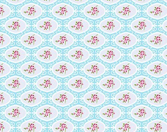 May include: A seamless pattern featuring a repeating design of pink flowers in white oval frames on a light blue background. The background has a delicate white pattern.