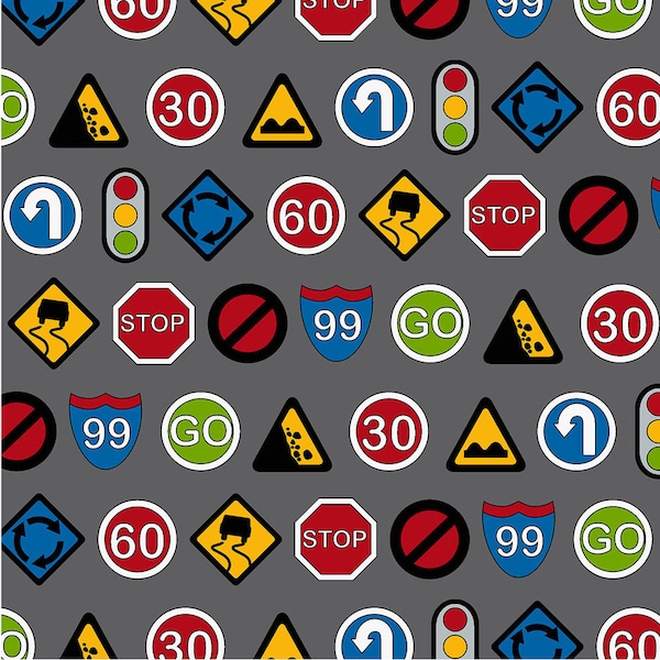 Signs Grey - Traffic Jam by Kids Quilts for RJR Fabrics - Traffic Jam Fabrics - Kids Quilts Fabrics - Kids Fabrics - Quilting Fabrics