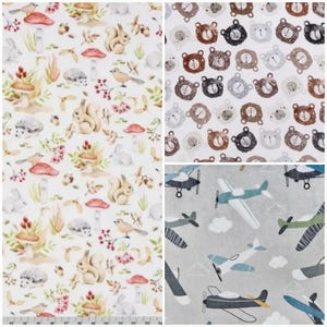 May include: A collage of three fabric patterns. The left panel features a white background with watercolor illustrations of squirrels, hedgehogs, birds, mushrooms, and foliage. The top right panel shows brown and gray bear faces. The bottom right panel displays airplanes on a gray background.