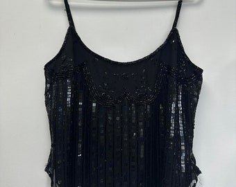 Vintage Black Bead Sequin Embellished Crop Cami Sleeveless Top Size 12/  14