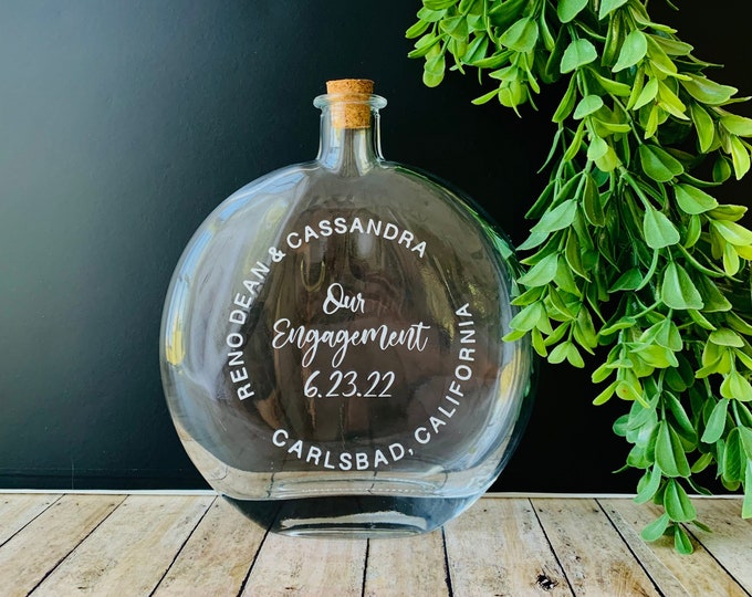 Featured listing image: Engagement Sand Bottle Keepsake/ Honeymoon / Babymoon / Personalized Travel Sand Jar for Home Decor/ Glass Bottle with Cork / Font C