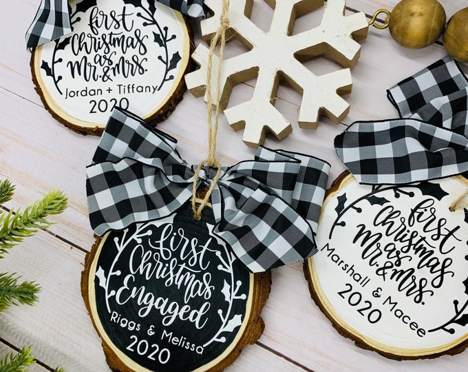 Featured listing image: Wood Slice Christmas Ornaments - Custom Christmas Ornaments - Personalized Christmas Ornaments - First Christmas as Mr. and Mrs. Ornament