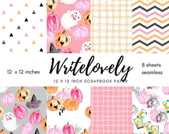 cute pink halloween scrapbook paper - digital paper - commercial use