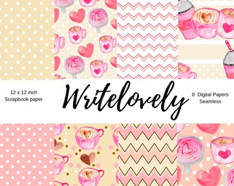 Seamless valentines day digital scrapbook paper - Coffee digital paper - commercial use