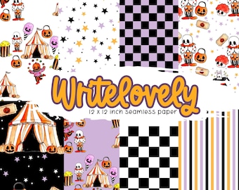 Halloween circus scrapbook paper, spooky carnival halloween seamless digital paper 12 x 12 inch seamless pattern commercial use