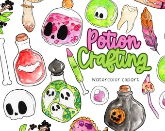 Watercolor halloween potion crafting clipart, spooky magic potion, eyeball, skull, graphics illustration commercial use