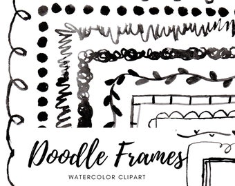 Clipart de acuarela, marco de doodle, bordes, pintado a mano, blanco y negro, marcos pintados PNG para uso comercial