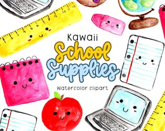 Watercolor school clipart - kawaii back to school, pencil, ruler, paper, notebook, apple cute PNG graphics for commercial use