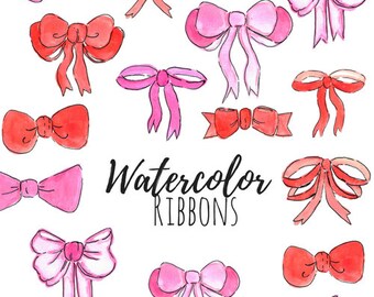 Watercolor pink and red ribbon clipart bow tie, hair bow png commercial use digital download