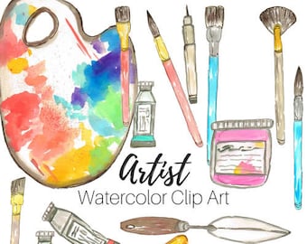 Watercolor art supplies clipart, paint brush, paint, canvas graphics back to school craft png commercial use