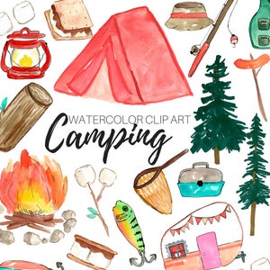 Clipart de acampamento, clipart de acampamento, fogueira em aquarela, floresta, barraca, caminhada, download digital